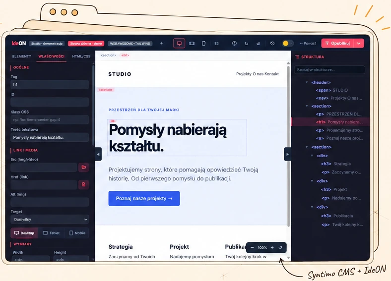 Syntimo CMS + IdeON · actual editor with a demo project