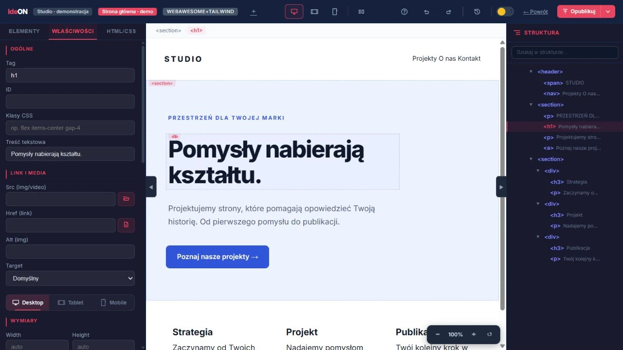 Syntimo CMS + IdeON · actual editor with a demo project