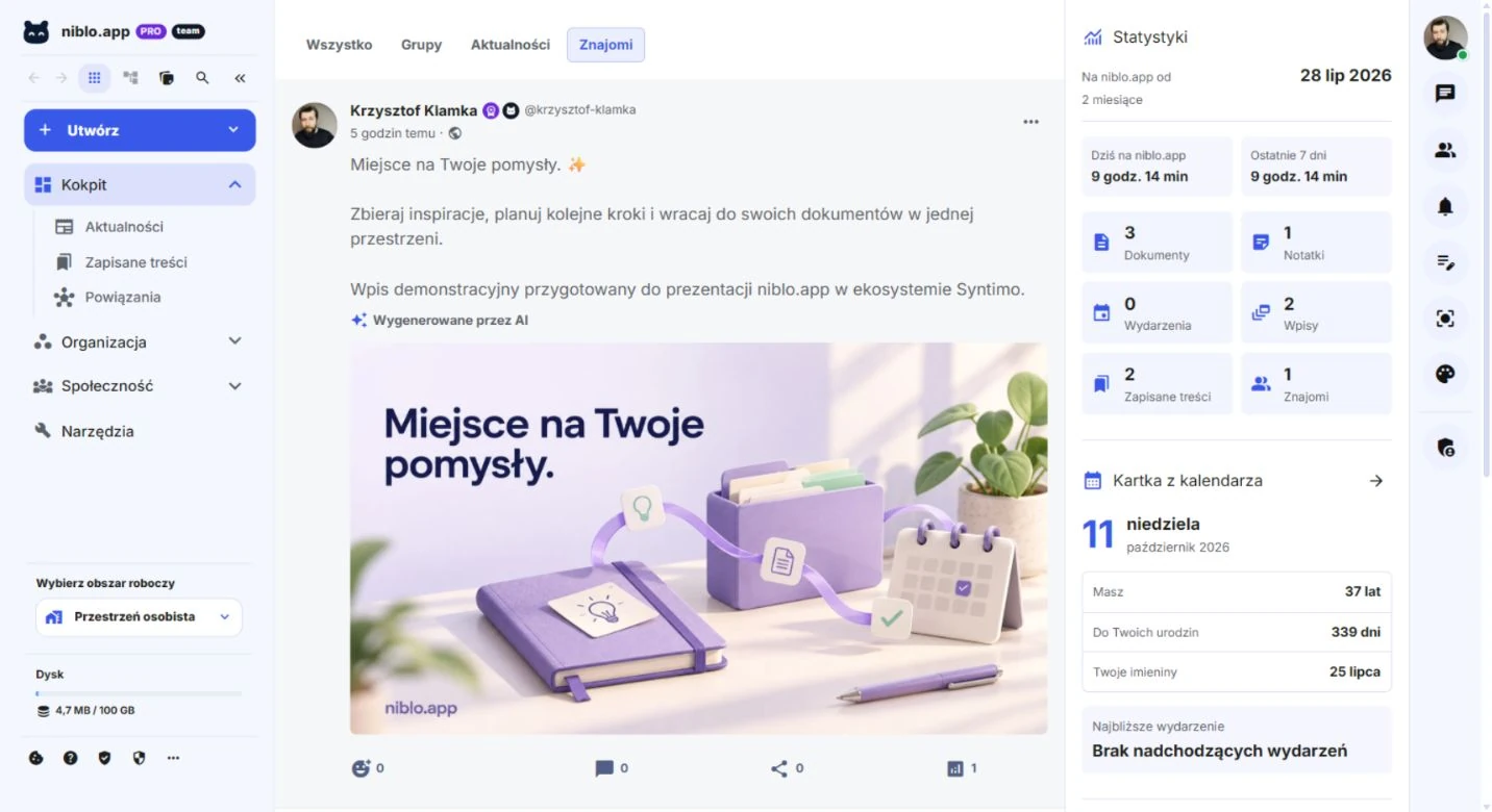niblo.app dashboard with demonstration content