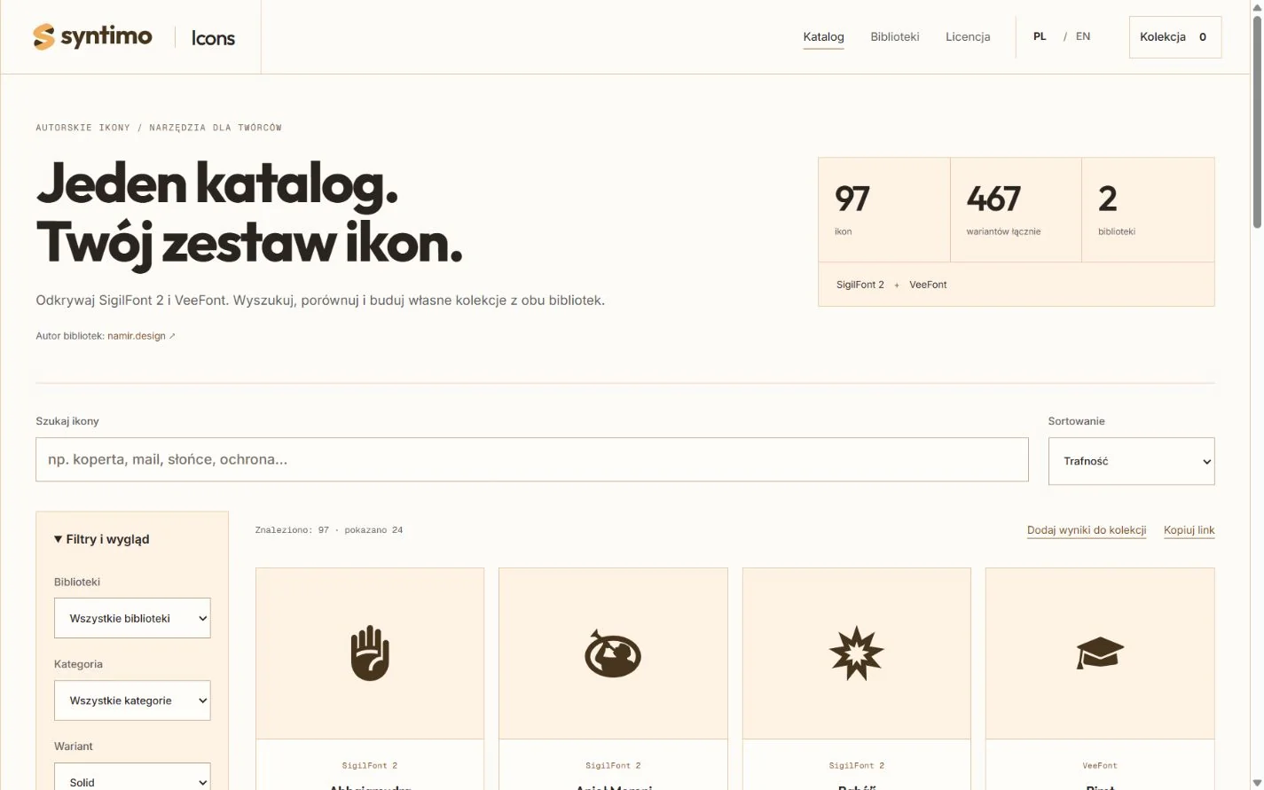 Publiczny katalog Syntimo Icons z filtrami i podglądami ikon.